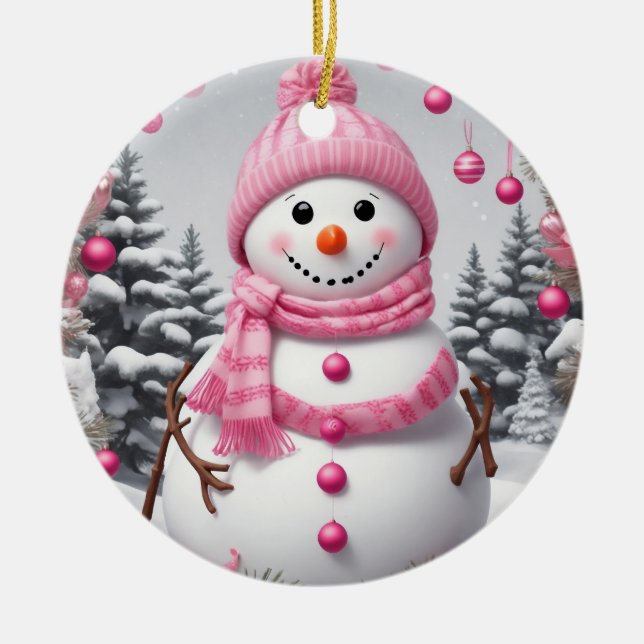 Personalized Pink Christmas Snowman Ceramic Ornament (Front)