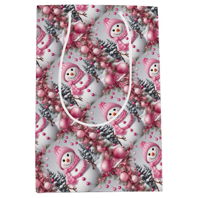Personalized Pink Christmas Snowman Medium Gift Bag (Front)