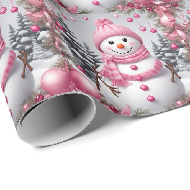 Personalized Pink Christmas Snowman Wrapping Paper (Roll Corner)