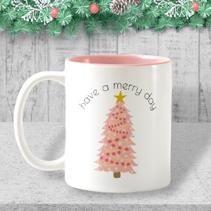Personalized Pink Christmas Tree Have A Merry Day Two-Tone Coffee Mug