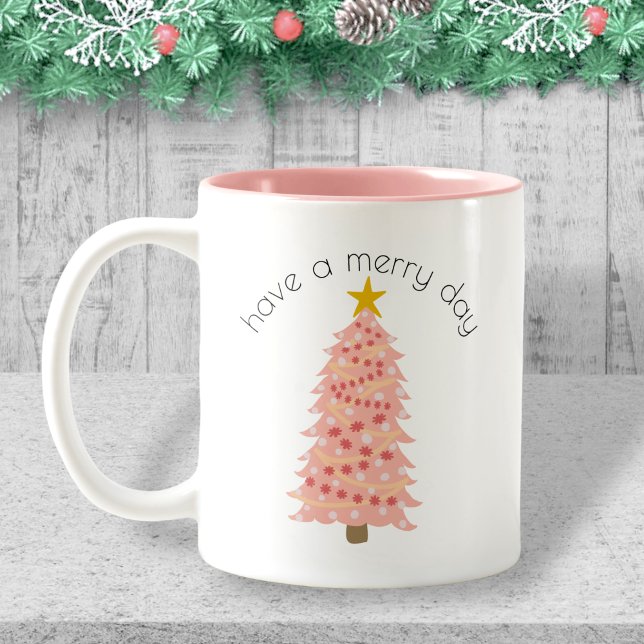 Personalized Pink Christmas Tree Have A Merry Day Two-Tone Coffee Mug (Creator Uploaded)