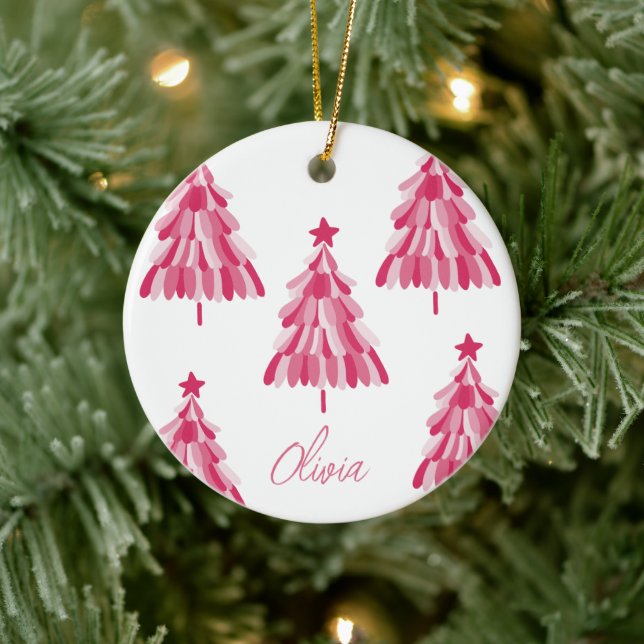 Personalized Pink Christmas Tree Name Ceramic Ornament (Tree)