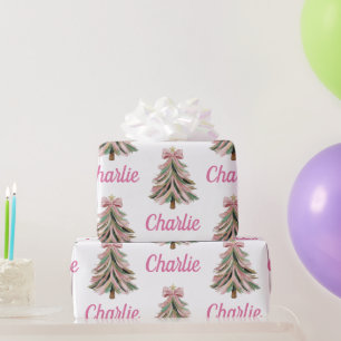 Personalized Pink Christmas Xmas Tree Holiday Gift Wrapping Paper