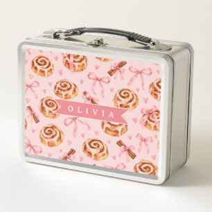 Personalized Pink Cinnamon Roll Coquette Bow Girly Metal Lunch Box