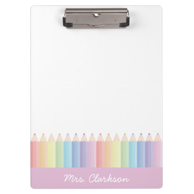 Personalized Pink Colorful Pencils Teacher Clipboard (Front)