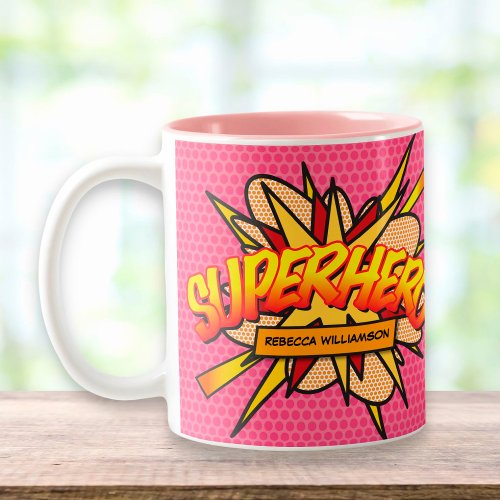 Personalized Pink Comic Book SUPERHERO Two_Tone Coffee Mug