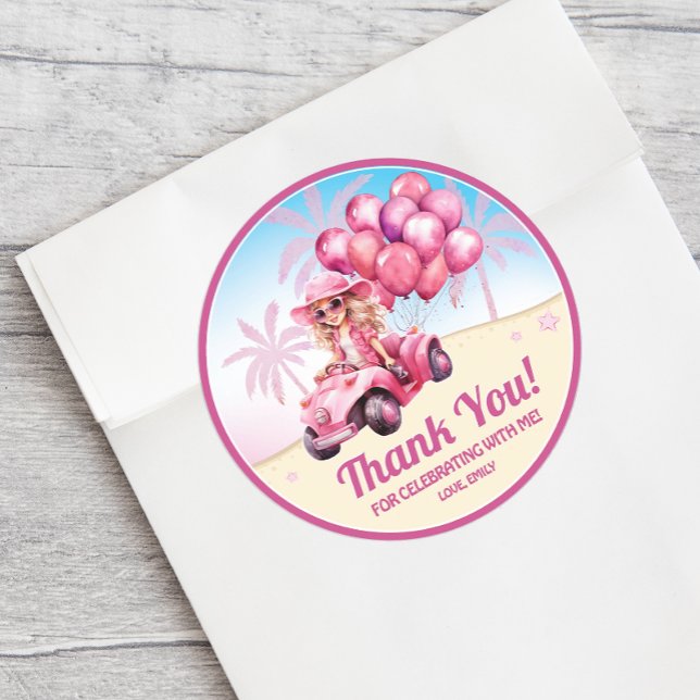 Personalized Pink Convertible Beach Birthday Classic Round Sticker (A fun personalized thank you sticker adds a special touch to a girl's birthday party.)