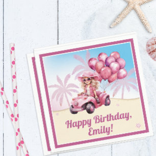 Personalized Pink Convertible Beach Birthday Napkins
