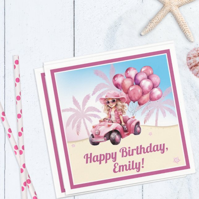 Personalized Pink Convertible Beach Birthday Napkins (A fun beach party napkin adds a touch of whimsy to the birthday girl's celebration )