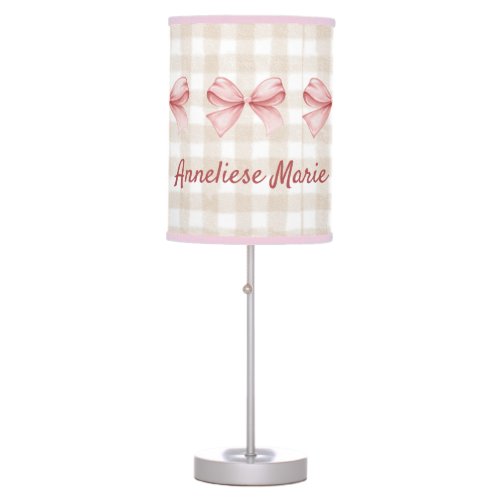 Personalized Pink Coquette Bow and Beige Gingham Table Lamp