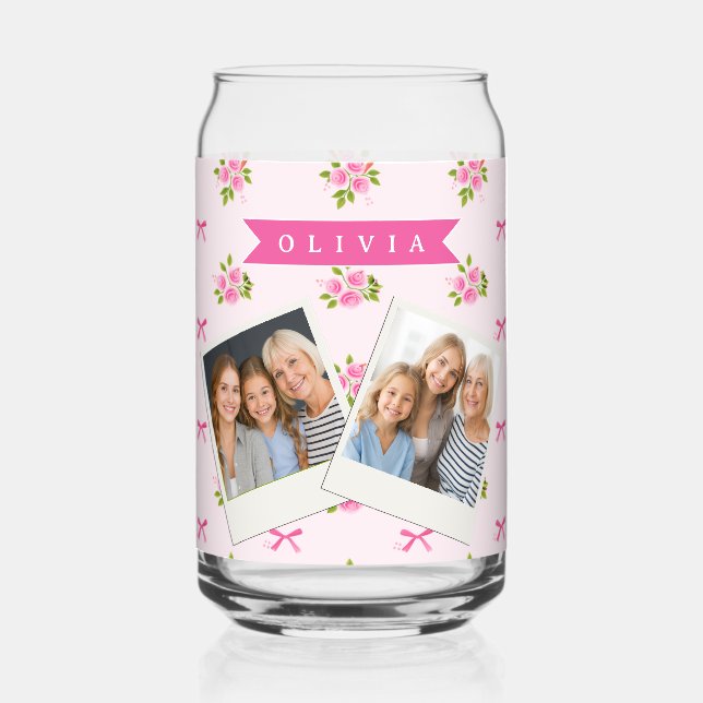 Personalized Pink Coquette Girly Bow Floral Name Can Glass (Front)