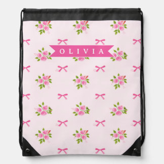 Personalized Pink Coquette Girly Bow Floral Name Drawstring Bag