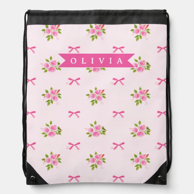 Personalized Pink Coquette Girly Bow Floral Name Drawstring Bag (Front)