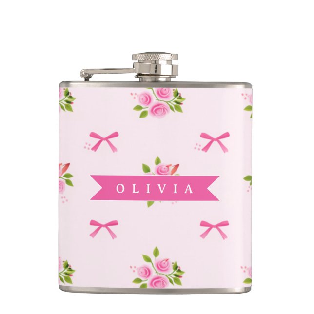Personalized Pink Coquette Girly Bow Floral Name Flask (Front)