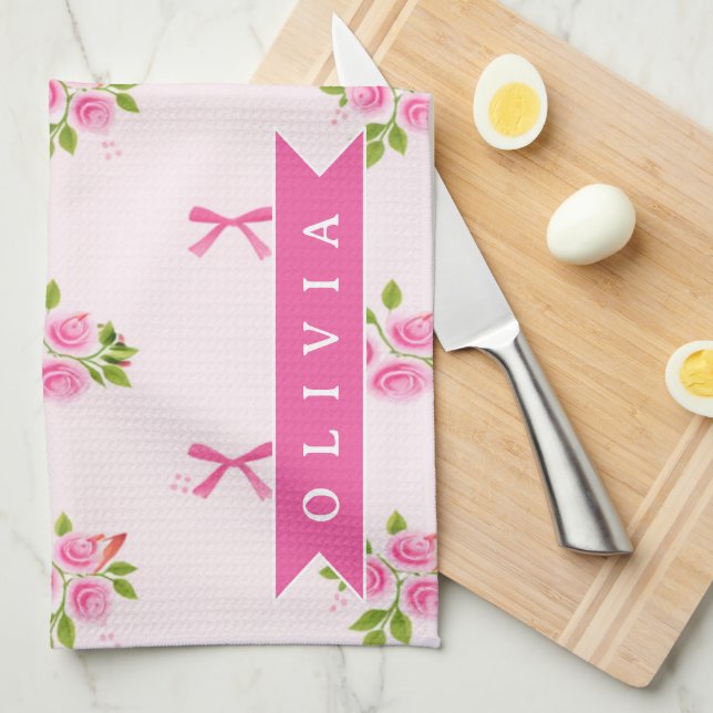 Personalized Pink Coquette Girly Bow Floral Name Kitchen Towel (Quarter Fold)