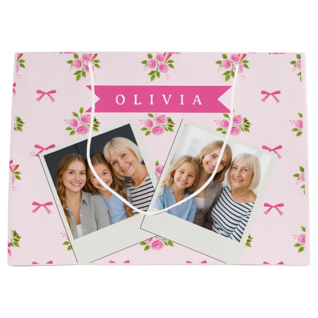 Personalized Pink Coquette Girly Bow Floral Name Large Gift Bag (Front)
