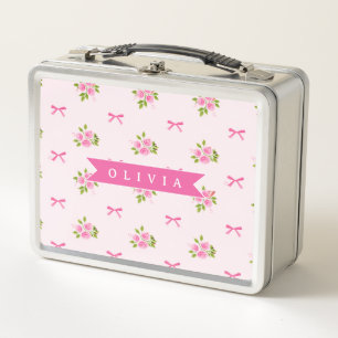 Personalized Pink Coquette Girly Bow Floral Name Metal Lunch Box