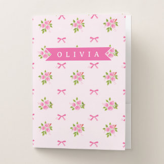 Personalized Pink Coquette Girly Bow Floral Name Pocket Folder