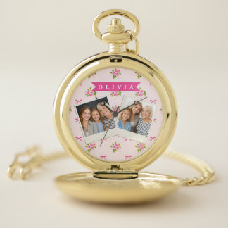 Personalized Pink Coquette Girly Bow Floral Name Pocket Watch