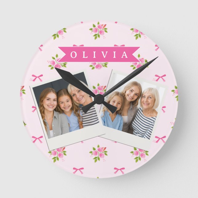 Personalized Pink Coquette Girly Bow Floral Name Round Clock (Front)