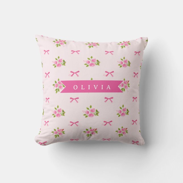 Personalized Pink Coquette Girly Bow Floral Name Throw Pillow (Front)