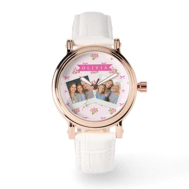 Personalized Pink Coquette Girly Bow Floral Name Watch (Front)