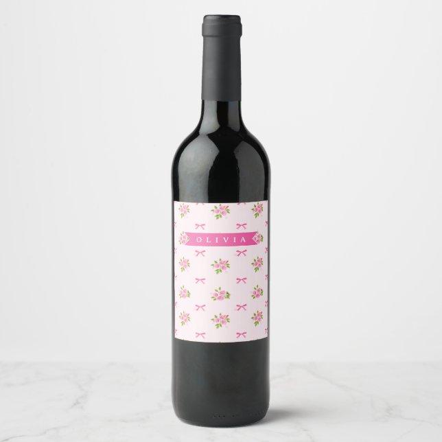 Personalized Pink Coquette Girly Bow Floral Name Wine Label (Front)