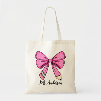 Personalized Pink Coquette Pencil Bow Tote Bag