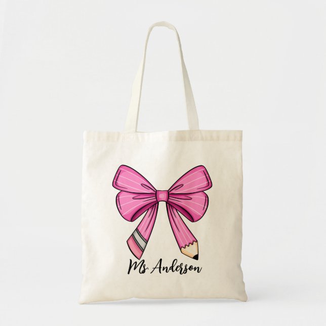Personalized Pink Coquette Pencil Bow Tote Bag (Front)