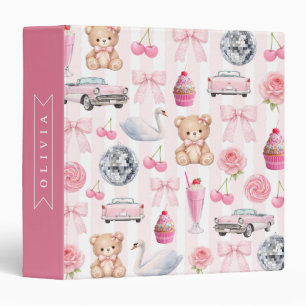 Personalized Pink Coquette Retro Cute Teddy Bear 3 Ring Binder