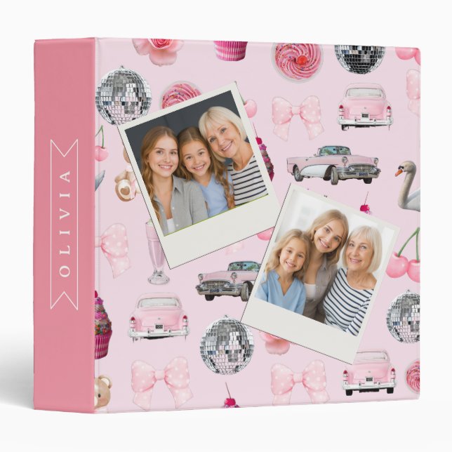 Personalized Pink Coquette Retro Cute Teddy Bear  3 Ring Binder (Front/Spine)