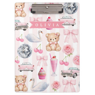 Personalized Pink Coquette Retro Cute Teddy Bear  Clipboard