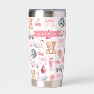 Personalized Pink Coquette Retro Cute Teddy Bear Insulated Tumbler