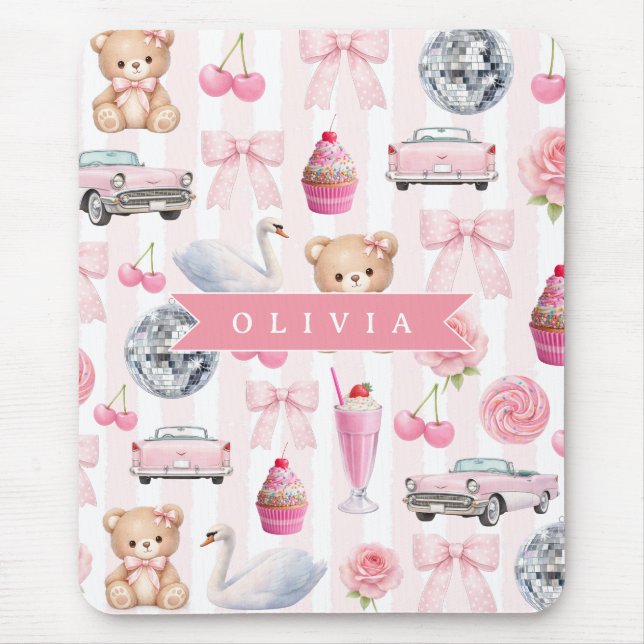 Personalized Pink Coquette Retro Cute Teddy Bear  Mouse Pad (Front)