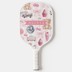 Personalized Pink Coquette Retro Cute Teddy Bear Pickleball Paddle