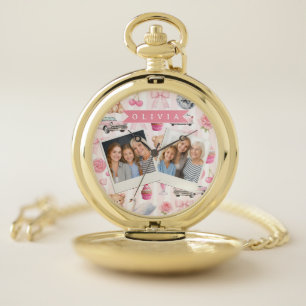 Personalized Pink Coquette Retro Cute Teddy Bear  Pocket Watch