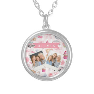 Personalized Pink Coquette Retro Cute Teddy Bear Silver Plated Necklace