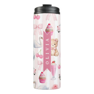 Personalized Pink Coquette Retro Cute Teddy Bear Thermal Tumbler
