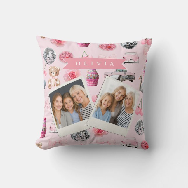 Personalized Pink Coquette Retro Cute Teddy Bear  Throw Pillow (Front)