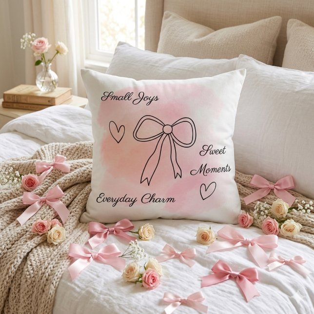 Personalized Pink Coquette Watercolor Throw Pillow (Aesthetic pink watercolor coquette throw pillow with line art bow, hearts and a customizable text.)