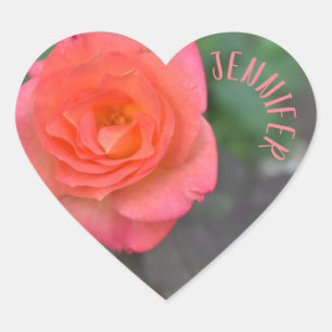 Personalized Pink Coral Rose Flower Garden Floral Heart Sticker