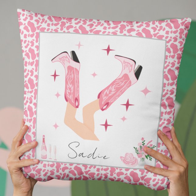 Personalized Pink Cowboy Boots & Bubbly Throw Pillow (Creator Uploaded)