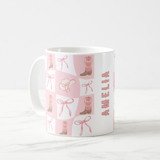 Personalized Pink Cowgirl Boot & Bow Checker  Coffee Mug (Front Left)