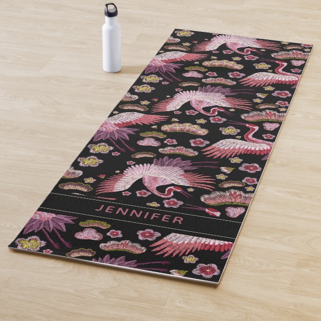 Personalized Pink Crane Birds And Flower Pattern Yoga Mat (In Situ)