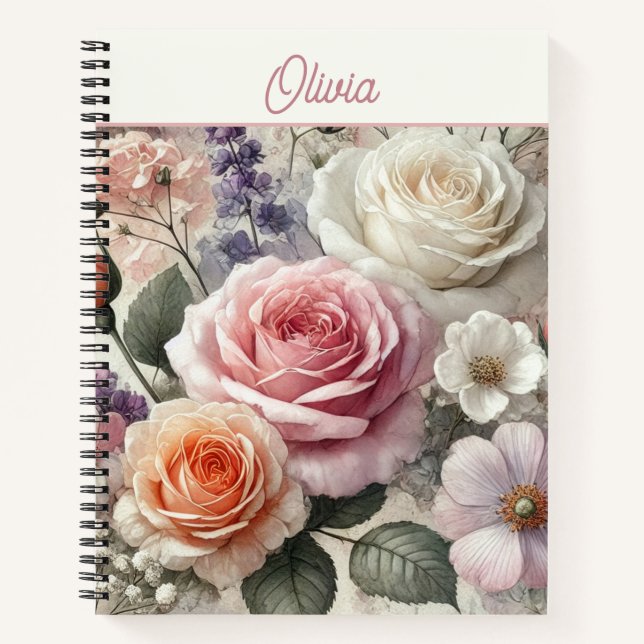 Personalized Pink Cream Orange Watercolor Roses Notebook (Front)