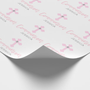 Personalized Pink Cross Girl First Holy Communion Wrapping Paper