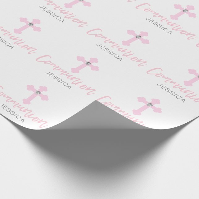 Personalized Pink Cross Girl First Holy Communion Wrapping Paper (Corner)