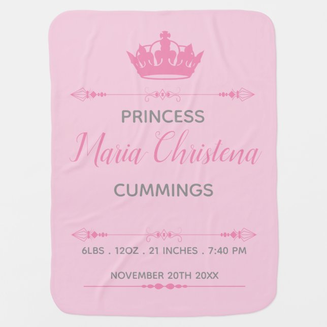 Personalized Pink Crown Princess Baby Blanket (Front)
