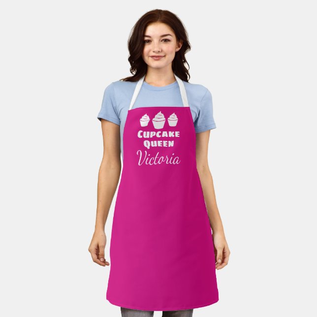 Personalized pink cupcake baking apron for women (Worn)