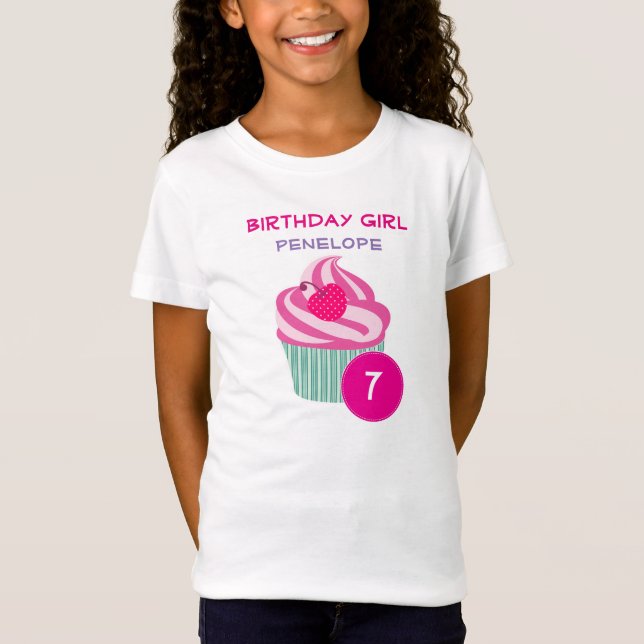 Personalized Pink Cupcake Birthday Girl T-Shirt (Front)